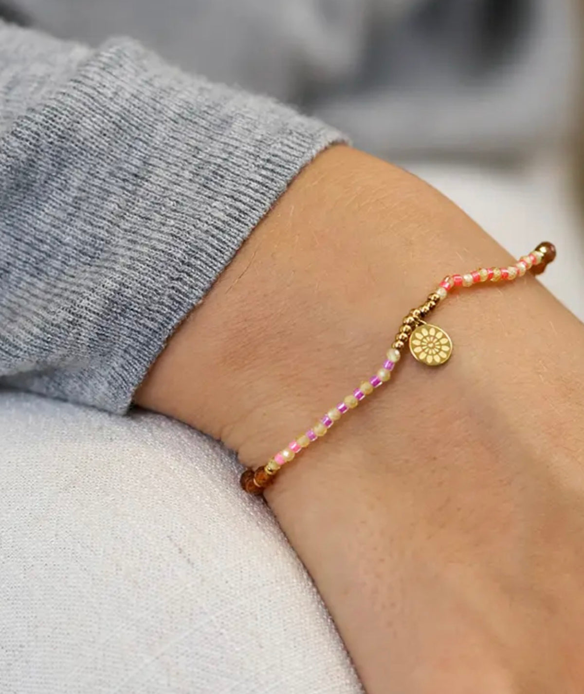 Brown, Pink & Gold Beaded Bracelet