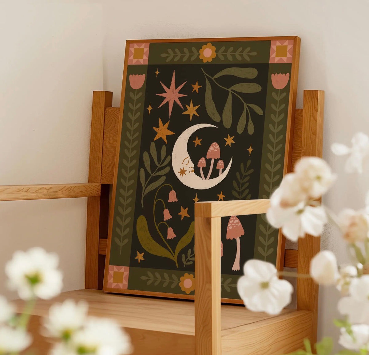 Folk Art Celestial Moon A4 Art Print – Retro Botanical Wall Art