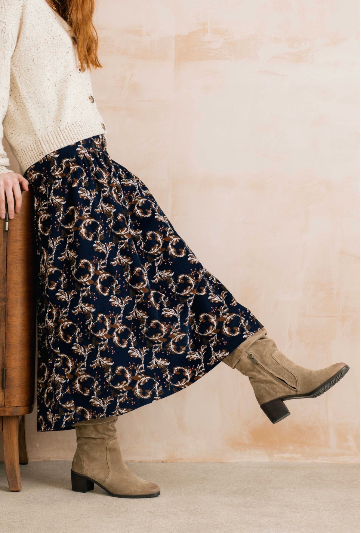 FRANCES COTTON PINCORD PRINTED SKIRT NAVY