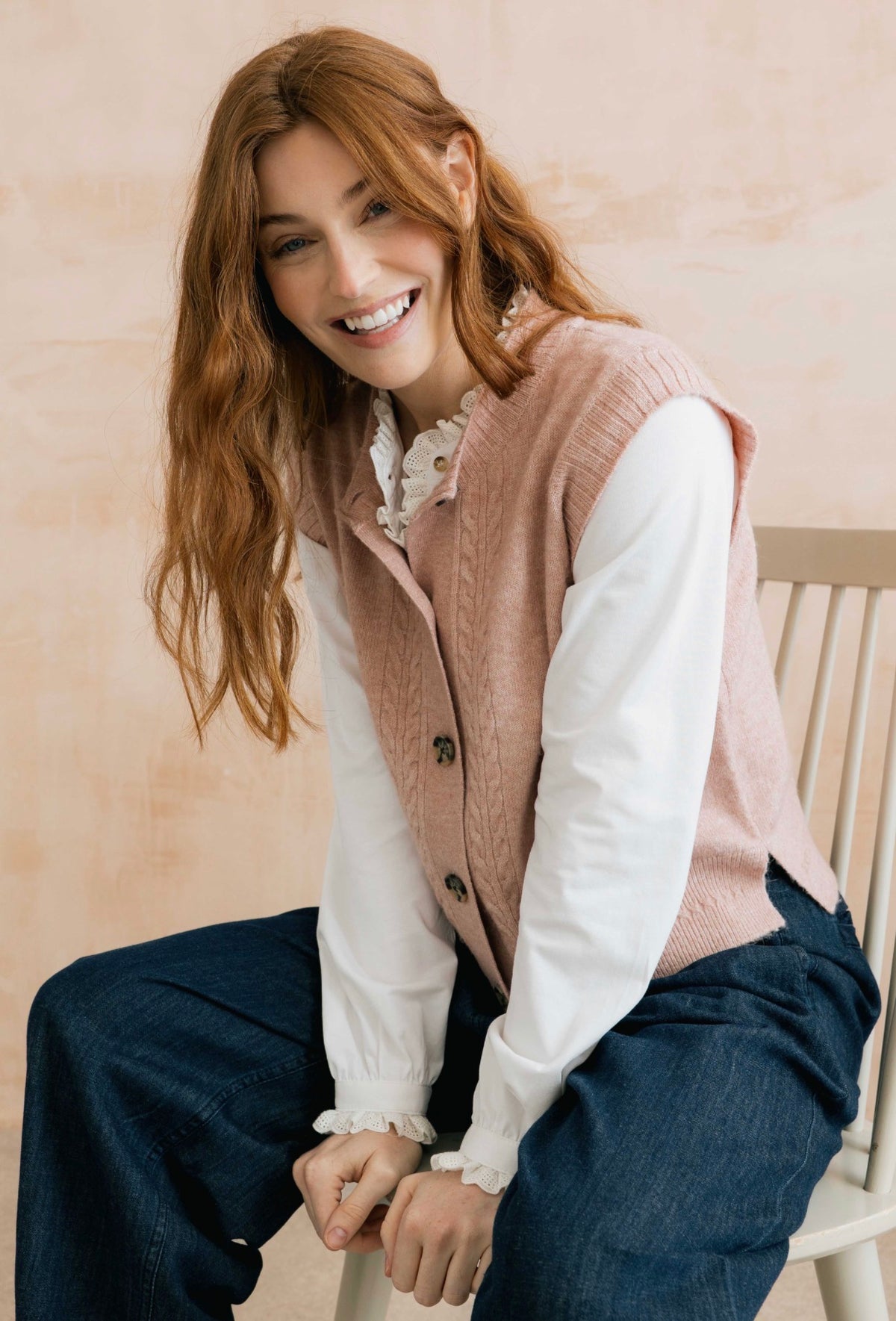 STENCIL CABLE KNIT WAISTCOAT ANTIQUE PINK