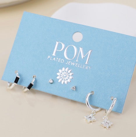 Ella silver plated triple earring set with hoops and studs