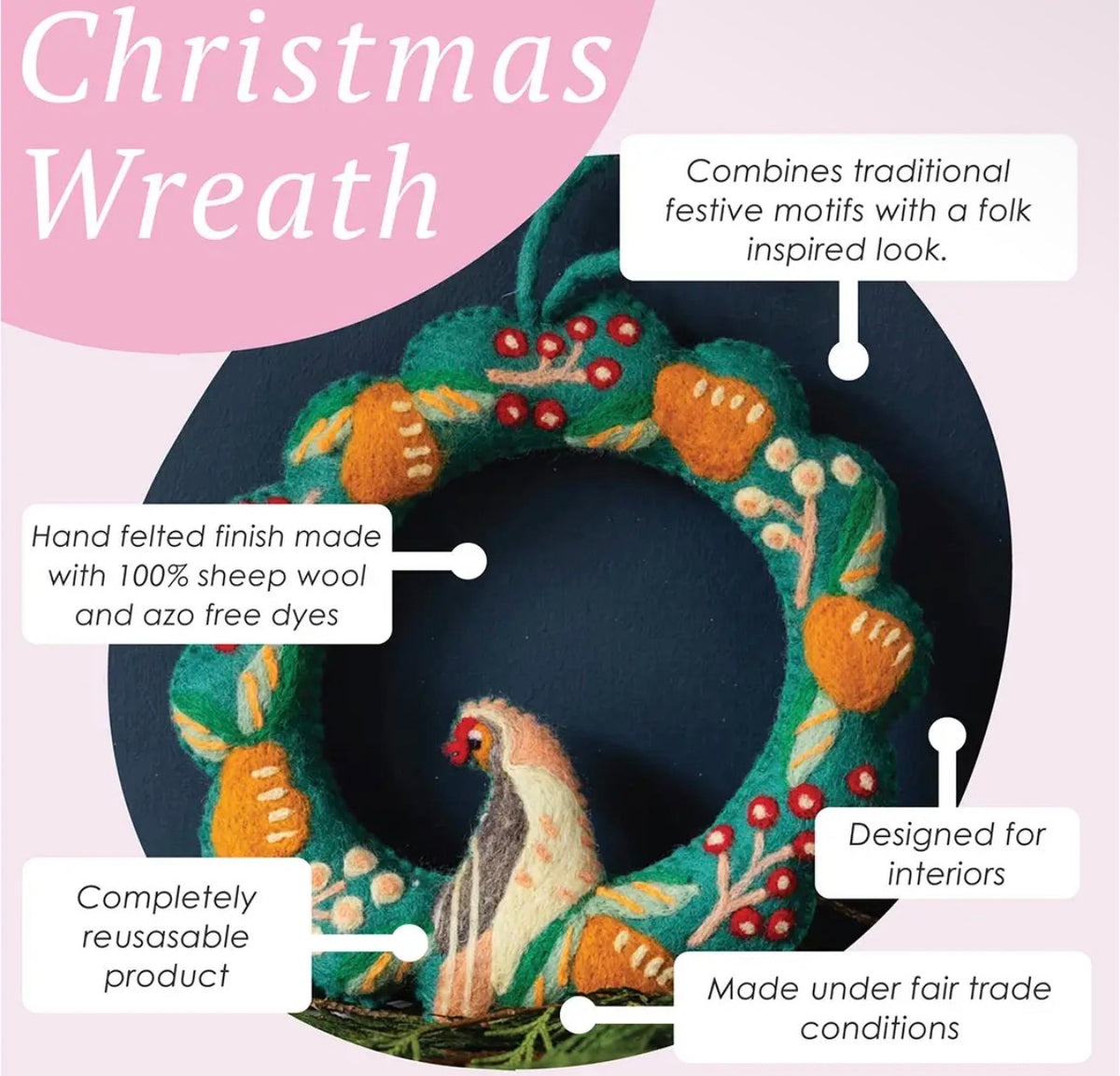 Talking Tables Partridge & Pear Handmade Felt Christmas Wreath – 25cm