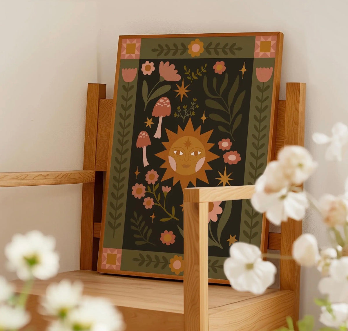 Folk Art Celestial Sun A4 Art Print – Retro Floral Wall Art