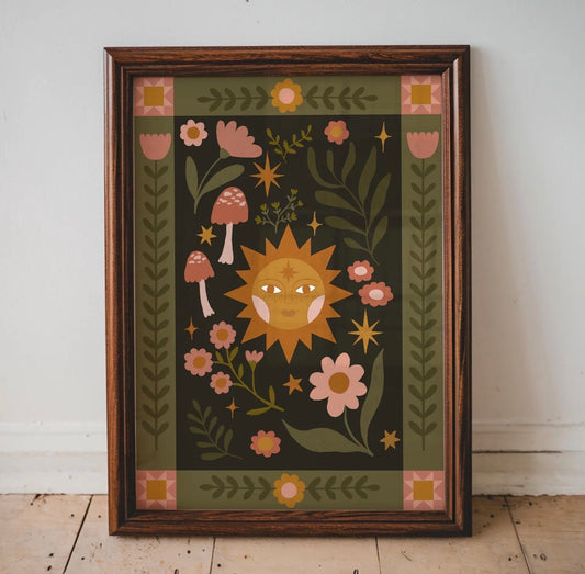 Folk Art Celestial Sun A4 Art Print – Retro Floral Wall Art
