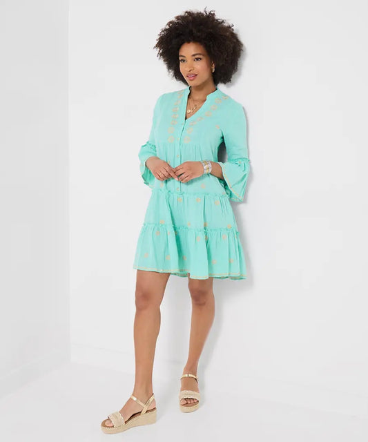 Aqua & Gold Embroidered Tunic Dress