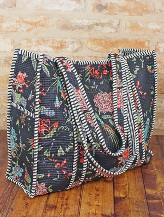 Quilted Cotton Tote Bag (flowers & birds)