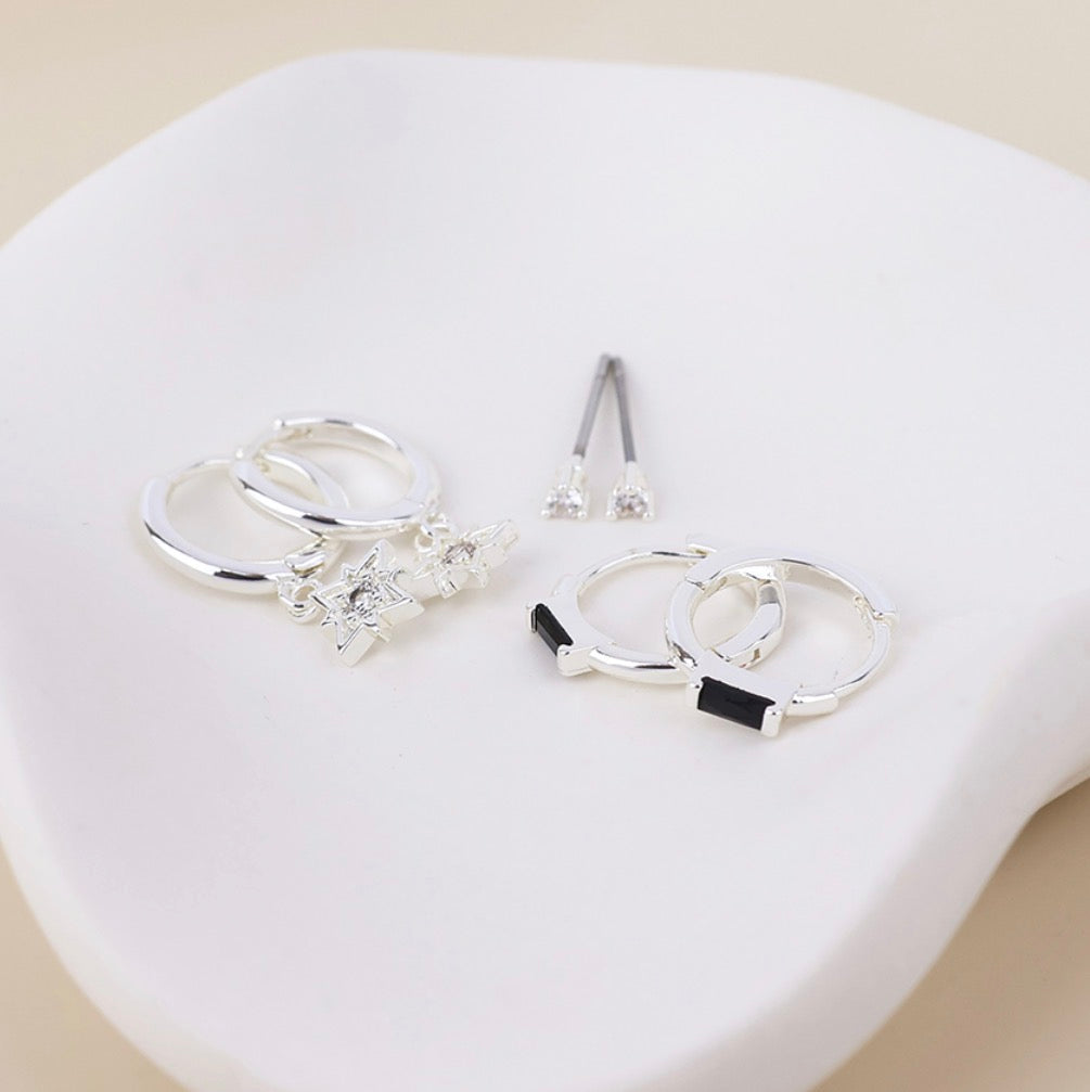 Ella silver plated triple earring set with hoops and studs