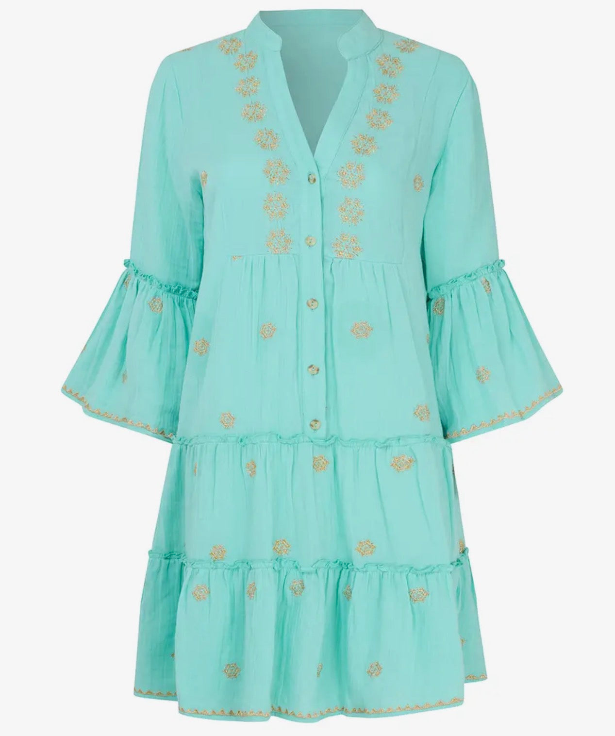 Aqua & Gold Embroidered Tunic Dress