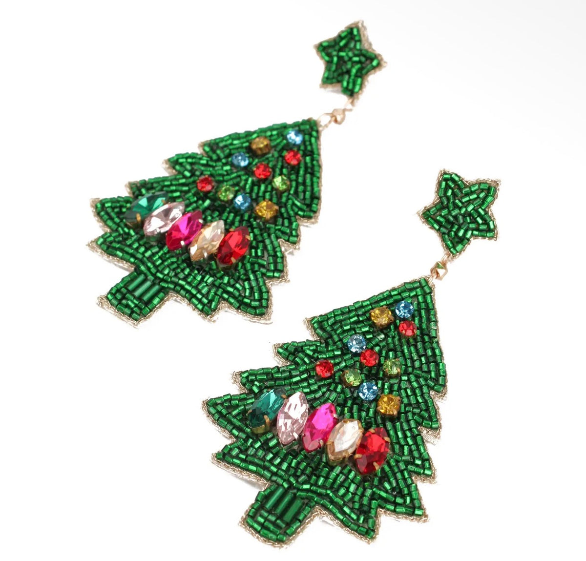 My Doris Green & Rainbow Beaded Christmas Tree Earrings