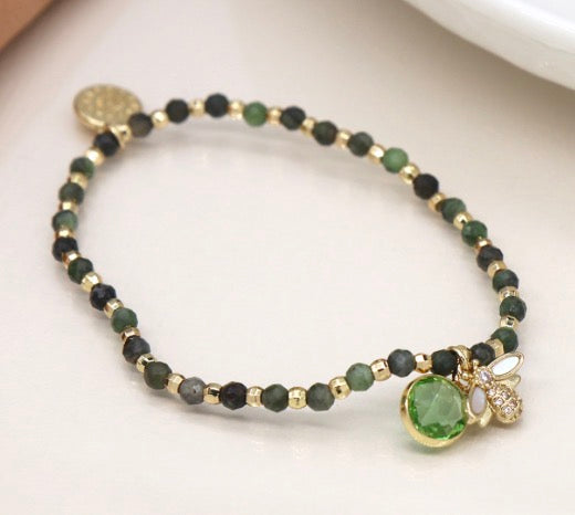 Green and golden bee charm bracelet