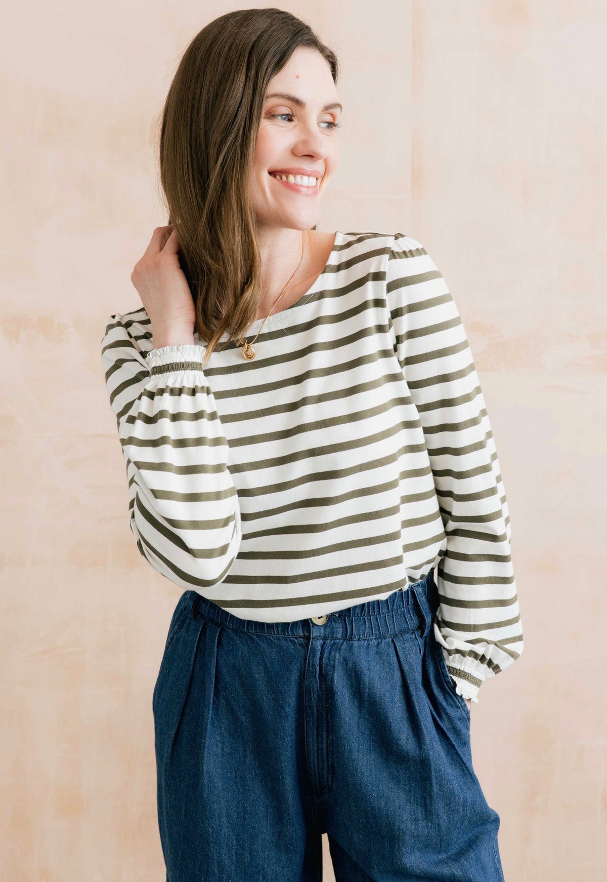 CAROLINE STRIPED ORGANIC COTTON JERSEY TOP OLIVE/ECRU