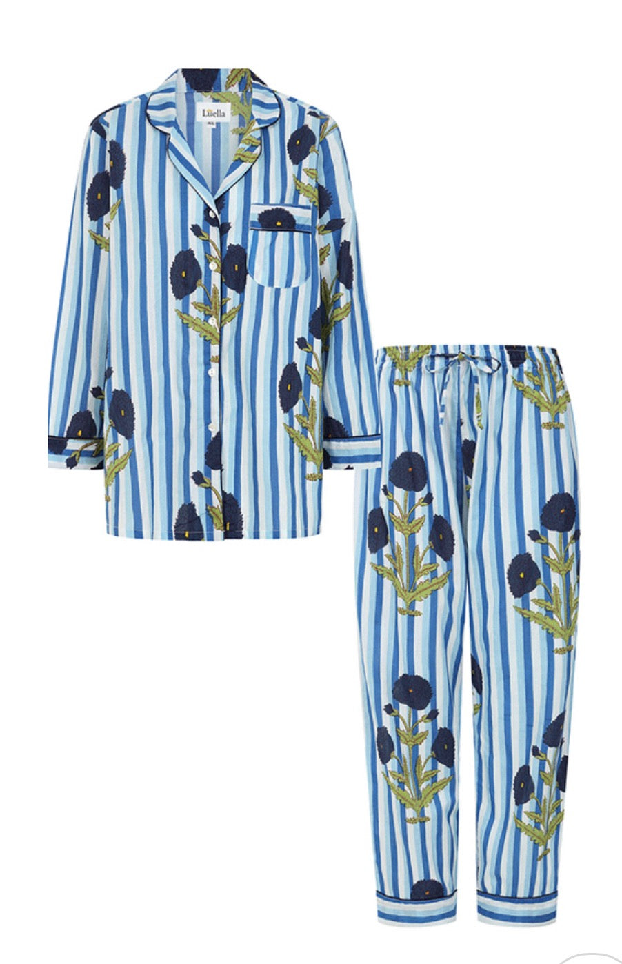 Blue and white striped pajama set with black floral patterns on a white background