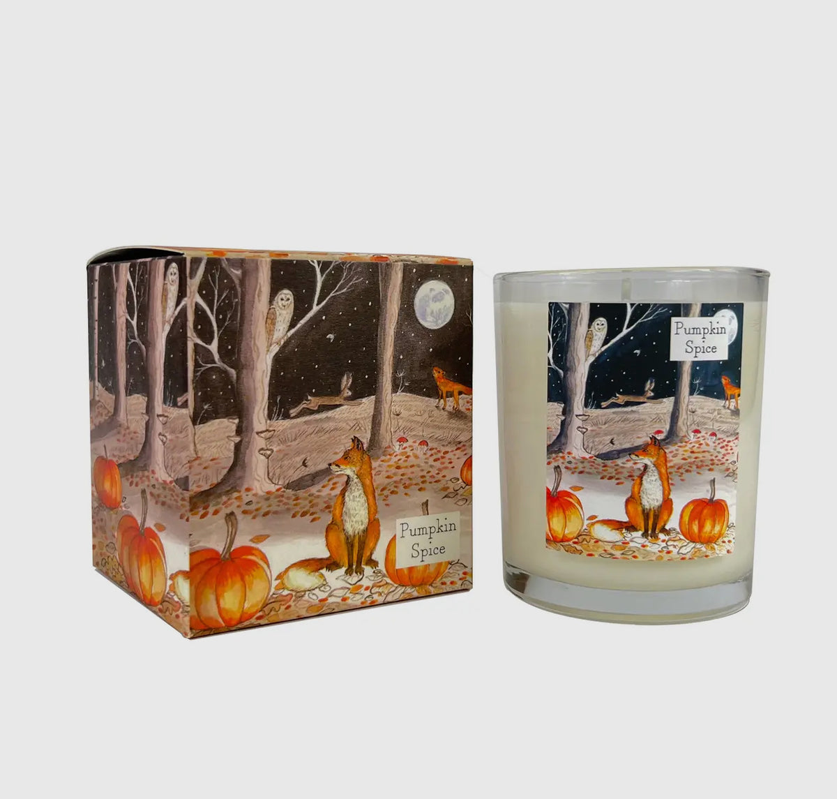 Pumpkin spice scented candle with outer box present in Happybara's home scent and candle collection.