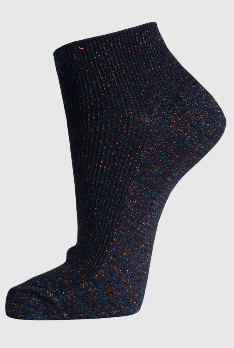 Rainbow Glitter Anklet Trainer Socks Sparkly Black