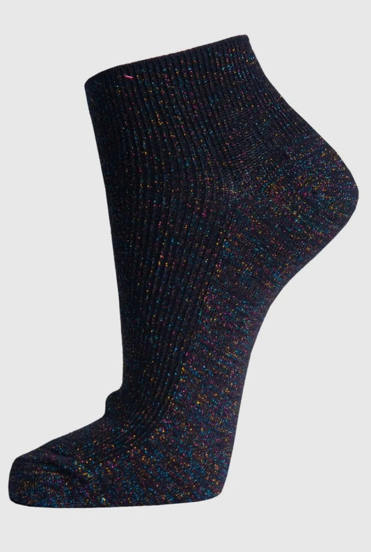 Rainbow Glitter Anklet Trainer Socks Sparkly Black
